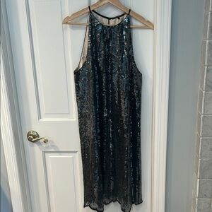 Kobi Halperin Black and Silver sequined Lace Sheath Dress with lace detail